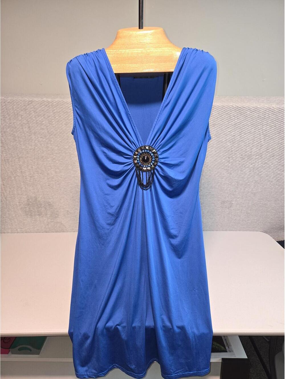 Jessica Pretty Blue Sleeveless Dress with Decorative Front Detail